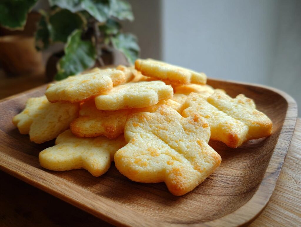 Galletas caseras en forma de figuras sobre plato de madera, ideales para recetas para Día del Niño