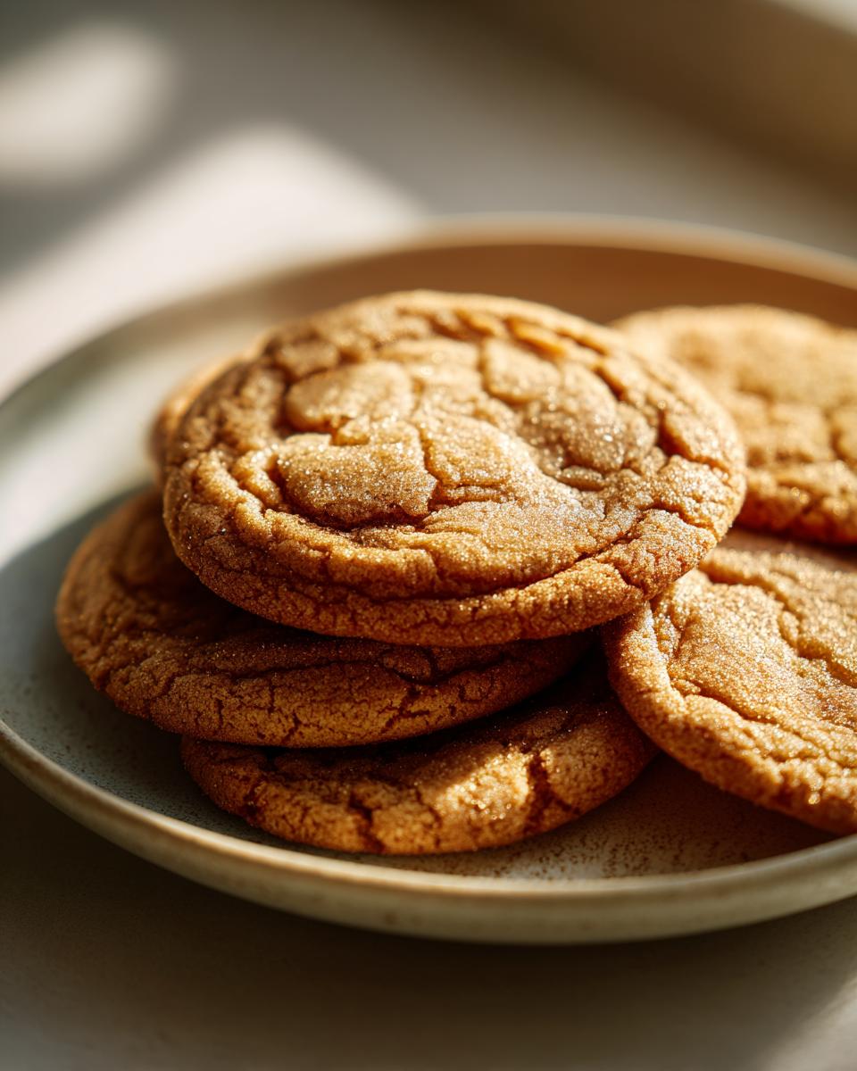 Primer plano de galletas caseras doradas apiladas en un plato beige.