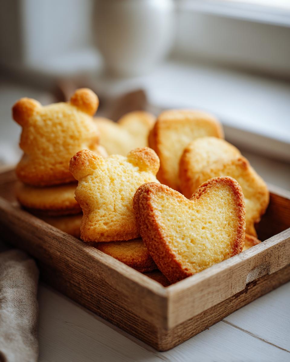 Galletas caseras con formas de corazón y oso en una caja de madera, ideales para recetas para Día del Niño.