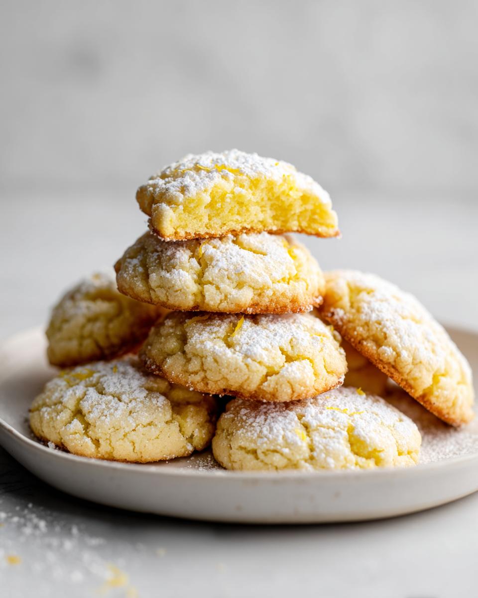 Montón de galletas de limón fáciles espolvoreadas con azúcar glas en un plato blanco.