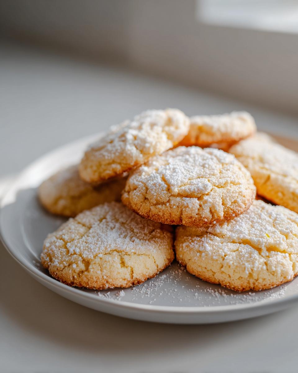 Plato con galletas de limón fáciles espolvoreadas con azúcar glas sobre mesa clara.