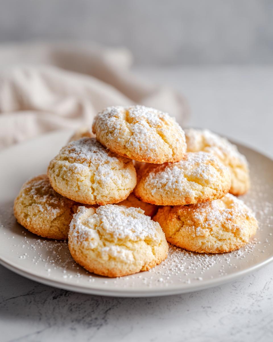 Plato con galletas de limón fáciles espolvoreadas con azúcar glas.