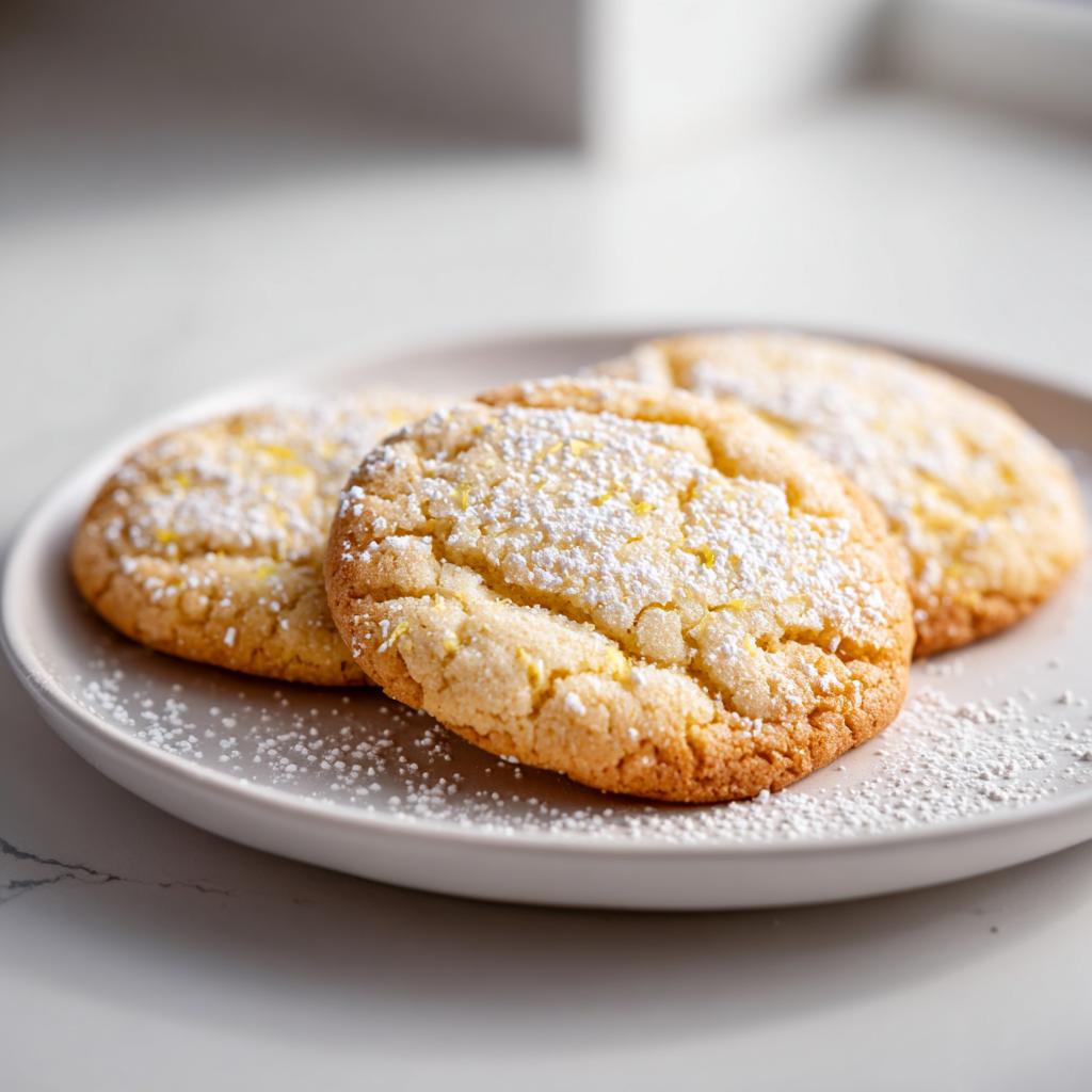 Tres galletas de limón fáciles espolvoreadas con azúcar glas en un plato blanco