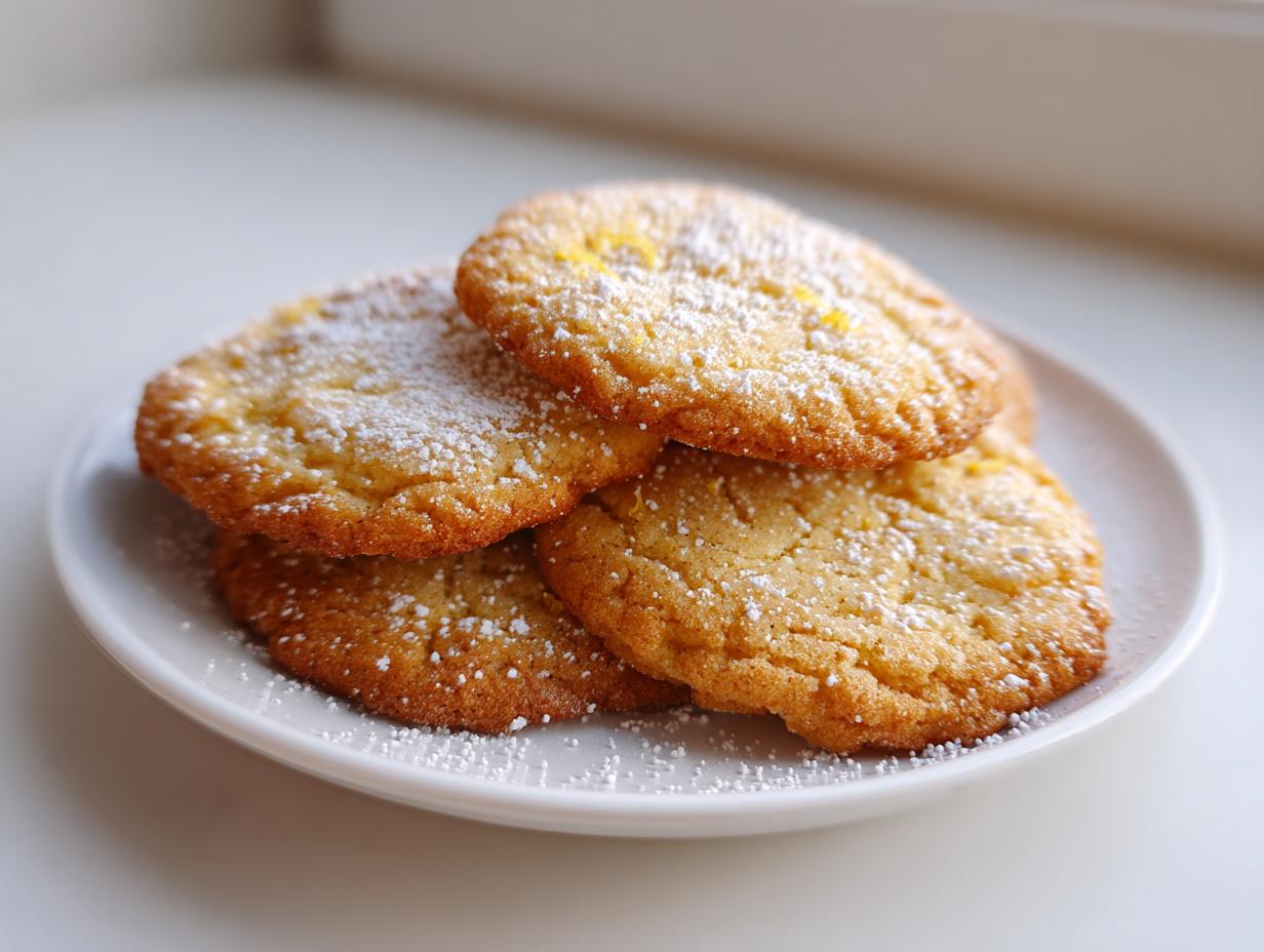 Plato con galletas de limón fáciles espolvoreadas con azúcar glas.