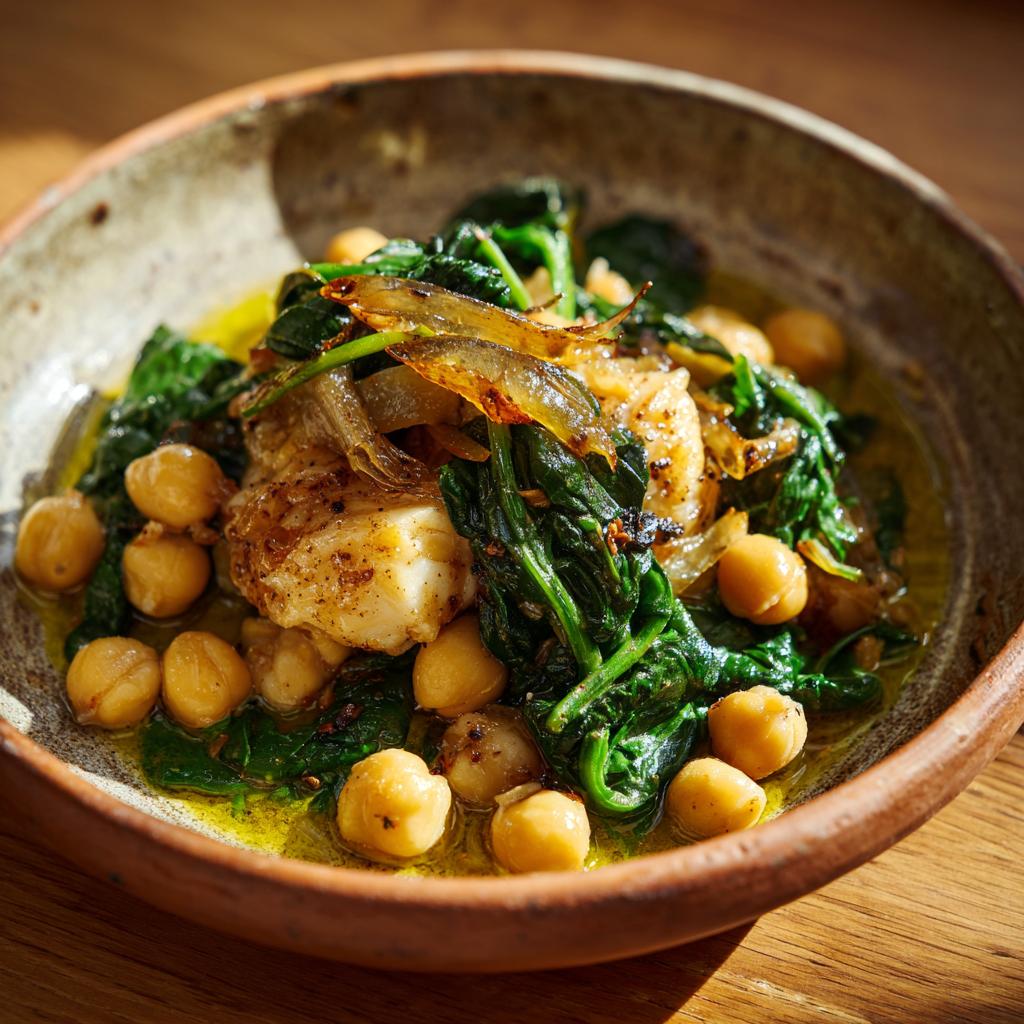 Plato con garbanzos con bacalao y espinacas, cebolla caramelizada y aceite de oliva
