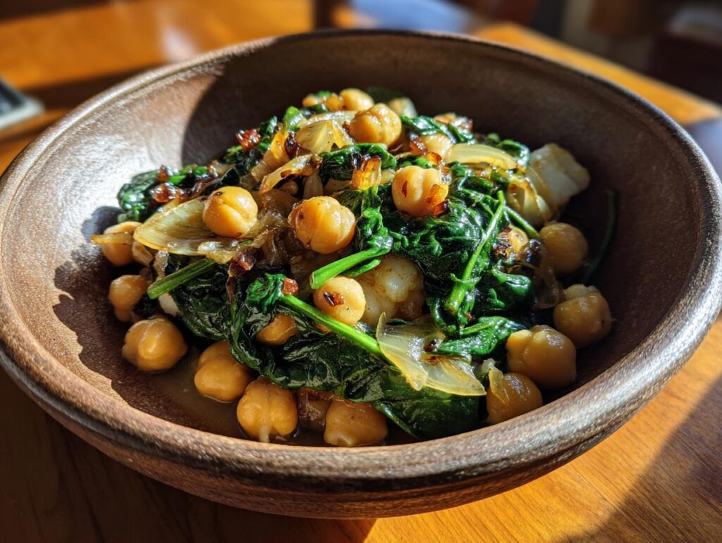 Plato rústico con garbanzos con bacalao y espinacas salteados con cebolla