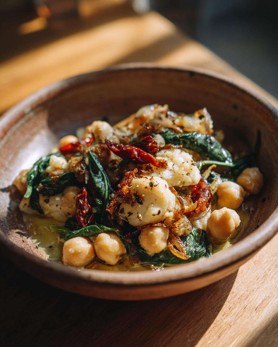 Garbanzos con bacalao y espinacas en un plato de cerámica con pimientos secos