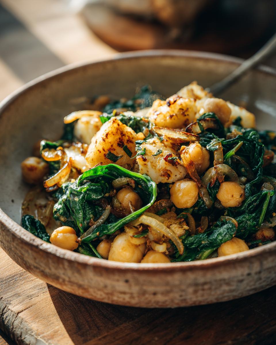 Garbanzos con bacalao y espinacas salteados con cebolla en un plato rústico