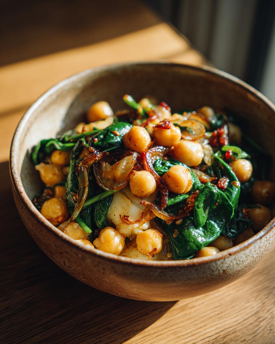 Bowl con garbanzos con bacalao y espinacas salteados con cebolla caramelizada