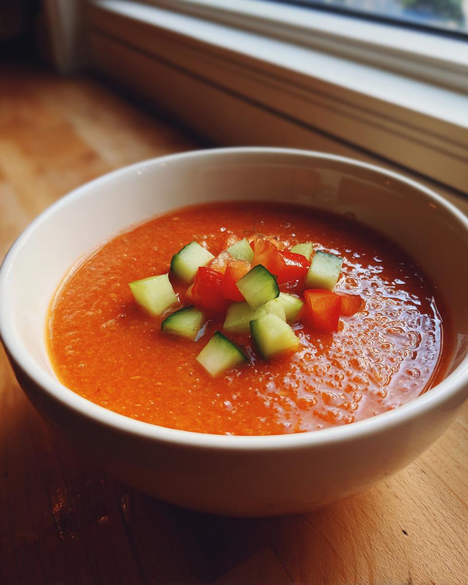 Bol blanco con gazpacho andaluz fácil decorado con trozos de pepino y tomate