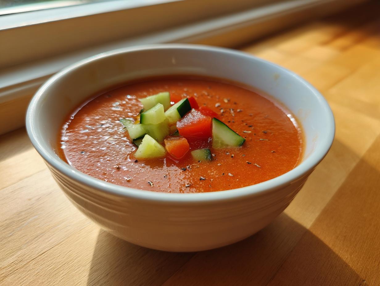 Bol blanco con gazpacho andaluz fácil decorado con trozos de pepino y tomate