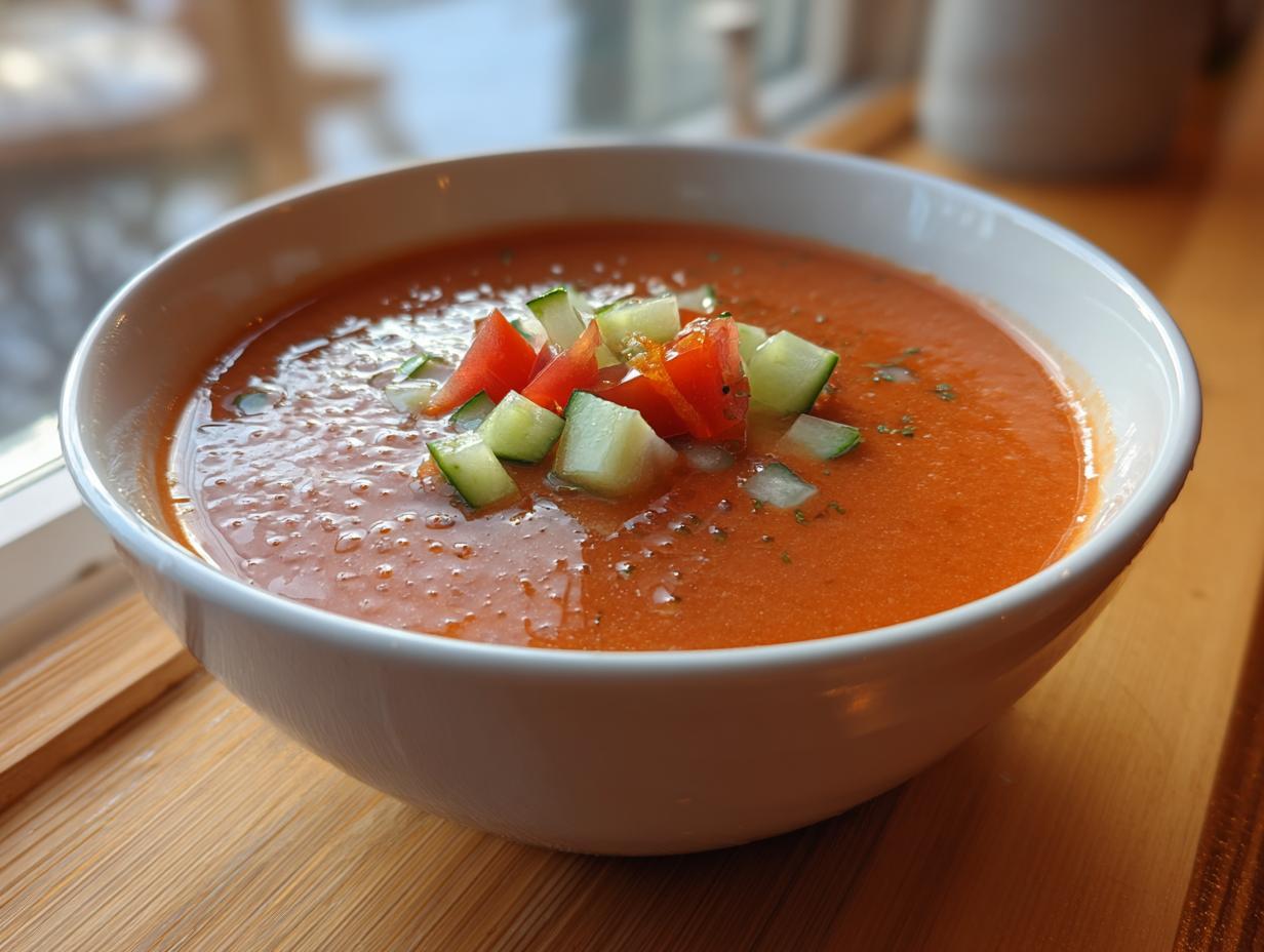 Bowl blanco con gazpacho andaluz fácil decorado con trozos de tomate y pepino.