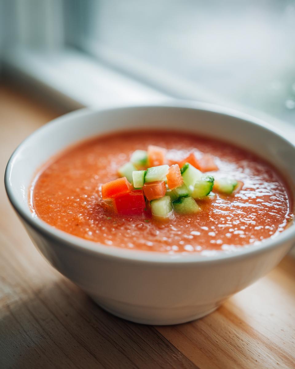 Taza blanca con gazpacho andaluz fácil y trozos de pepino y tomate encima