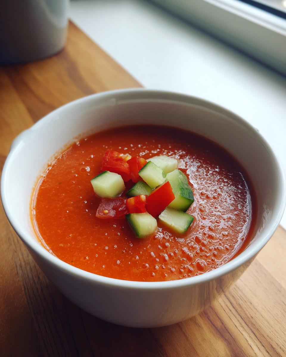 Tazón blanco con gazpacho andaluz fácil decorado con trozos de pepino y pimiento rojo