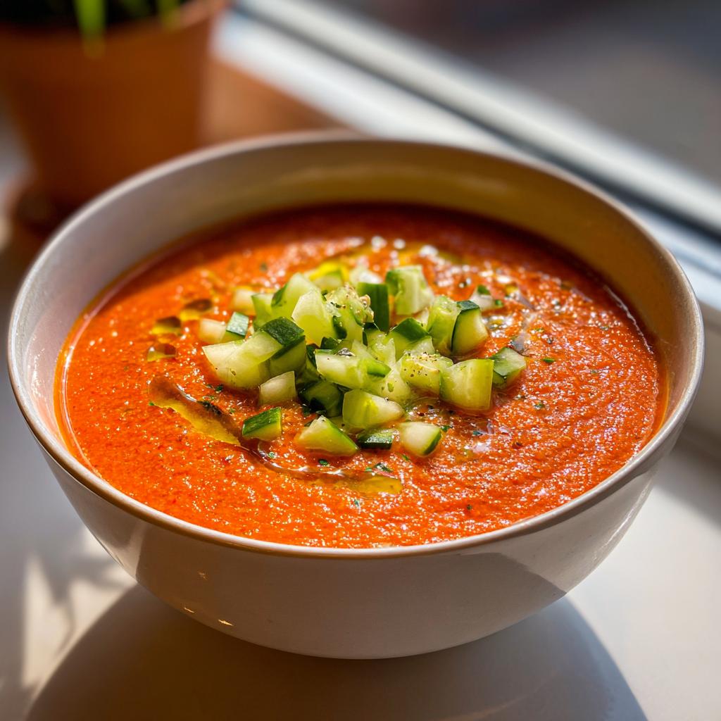 Tazón blanco con gazpacho de primavera rojo decorado con trozos de pepino y aceite de oliva
