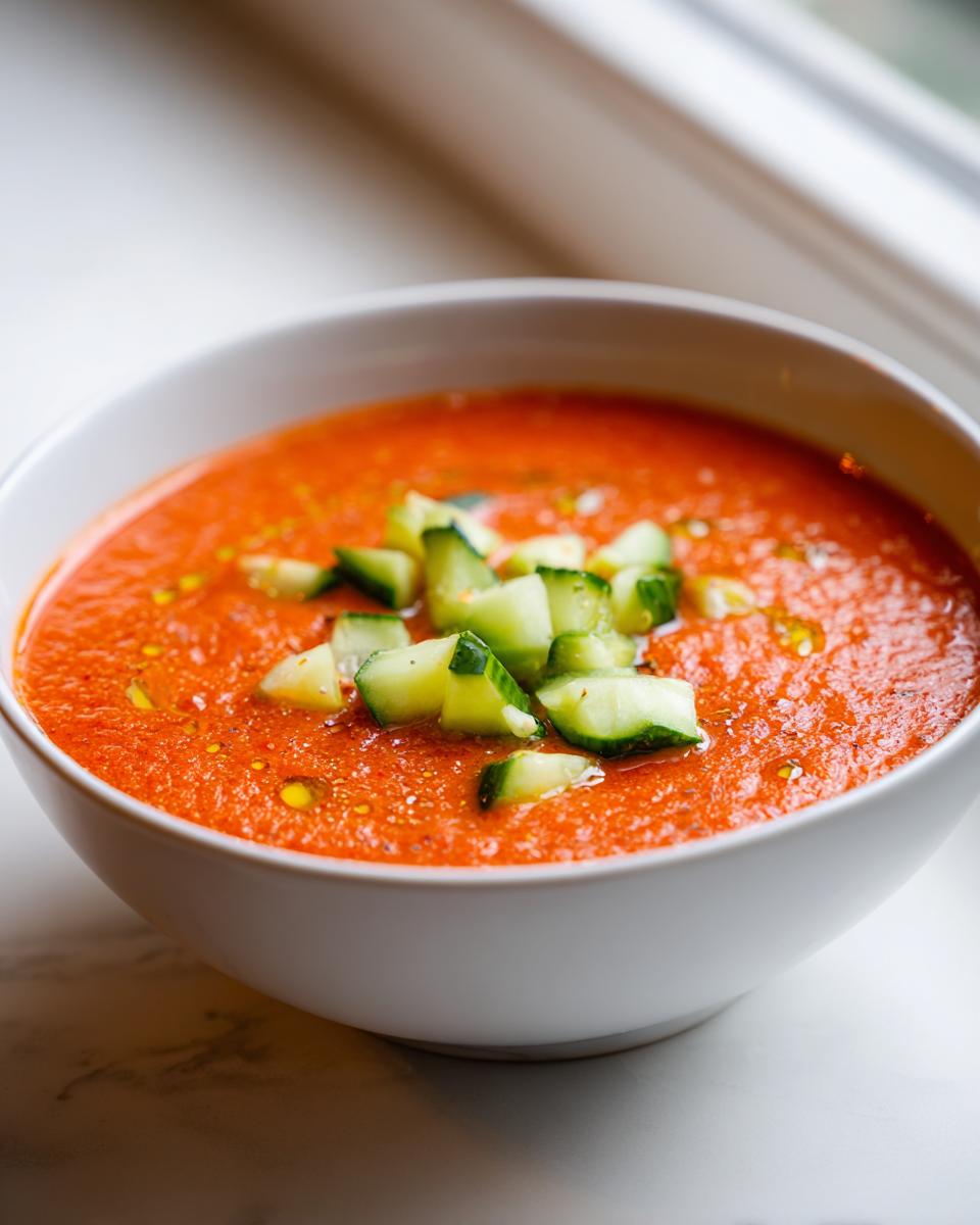 Tazón blanco con gazpacho de primavera rojo y trozos de pepino encima