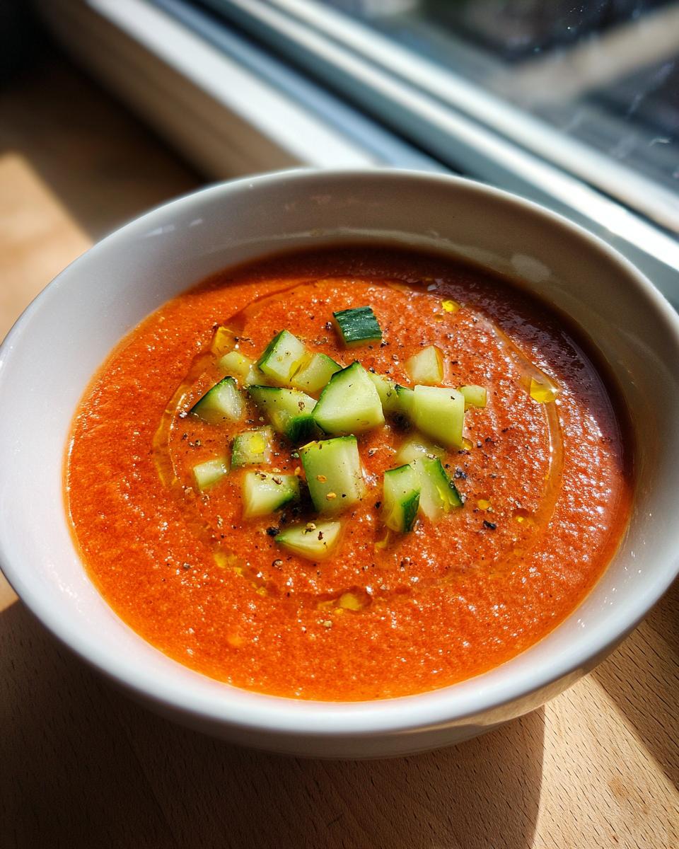 Tazón blanco con gazpacho de primavera rojo decorado con trozos de pepino y aceite de oliva.