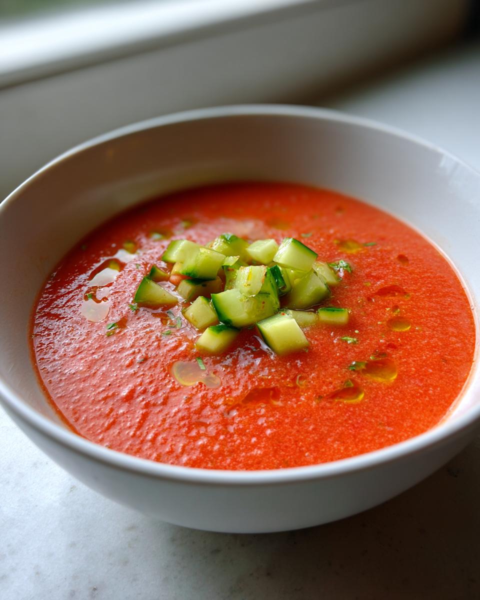 Gazpacho de primavera rojo servido en un tazón blanco con trozos de pepino encima.