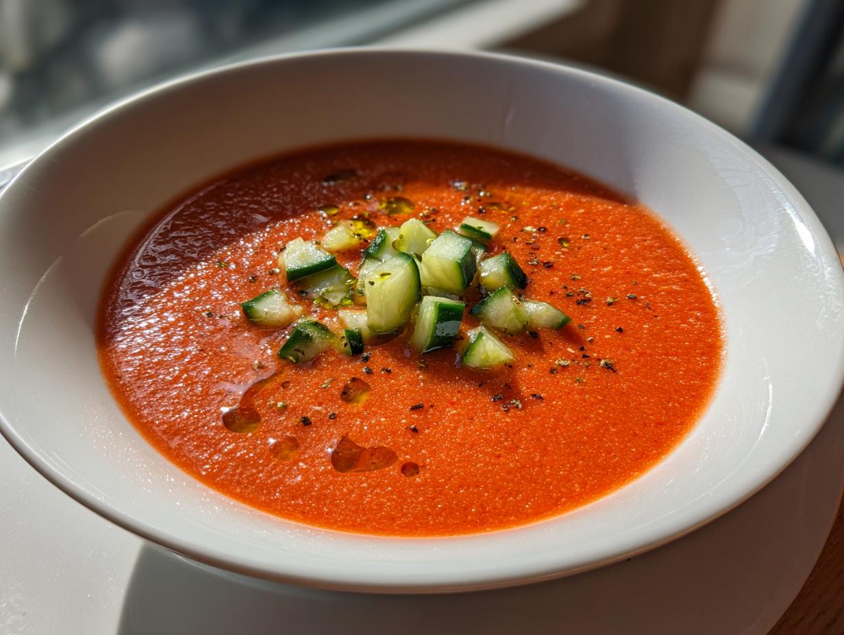Tazón blanco con gazpacho de primavera rojo decorado con trozos de pepino y aceite de oliva