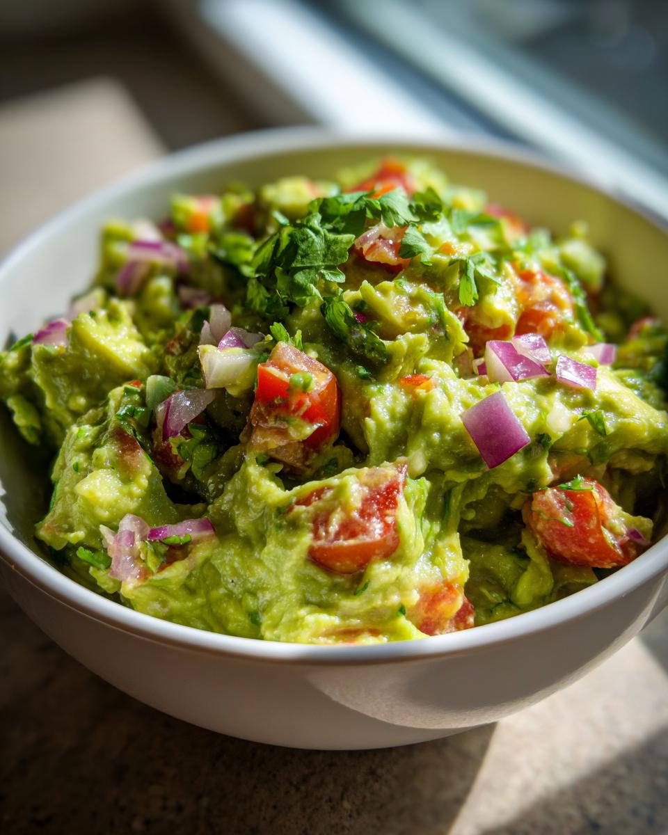 Bol blanco con guacamole casero con tomate, cebolla y cilantro fresco