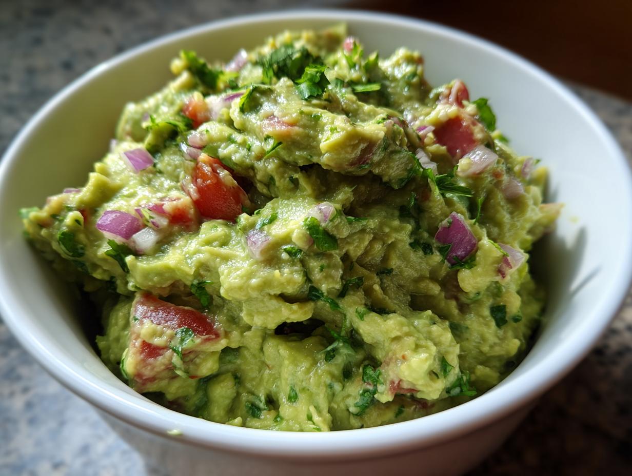 Bol blanco con guacamole casero con trozos de tomate, cebolla y cilantro