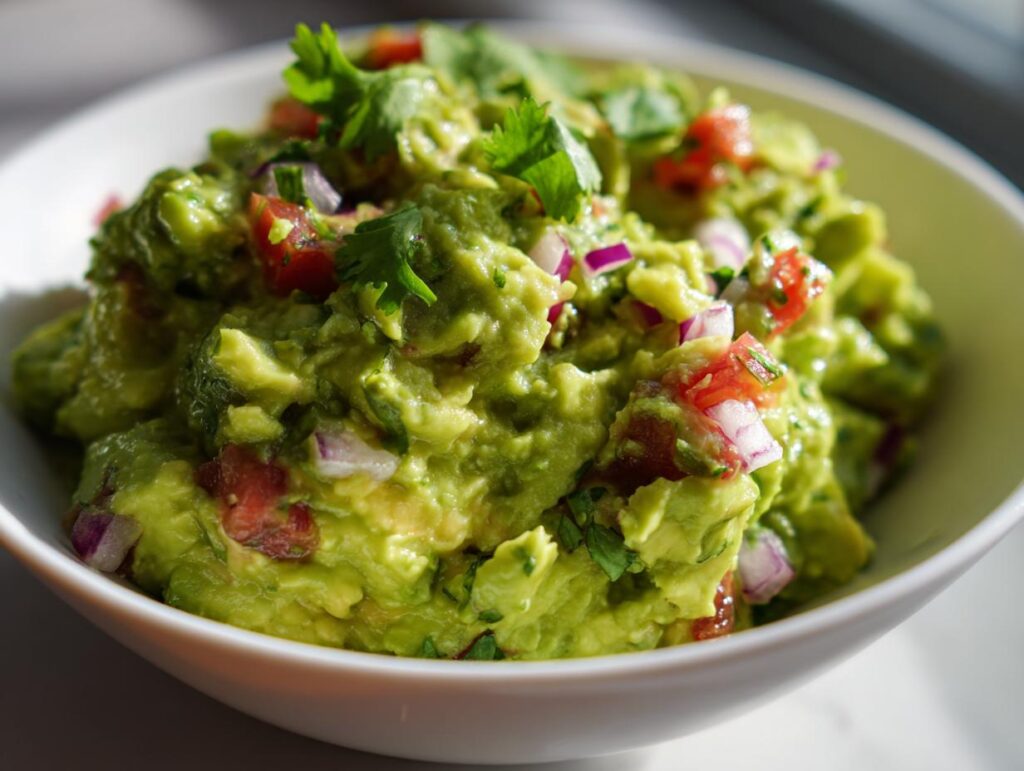 Guacamole casero con aguacate, tomate, cebolla y cilantro en un bol blanco
