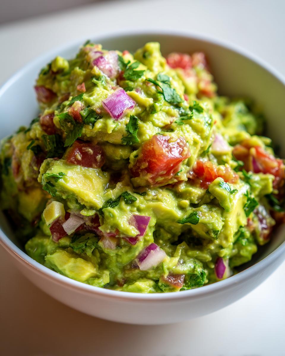 Guacamole casero con trozos de tomate, cebolla morada y cilantro en un tazón blanco.