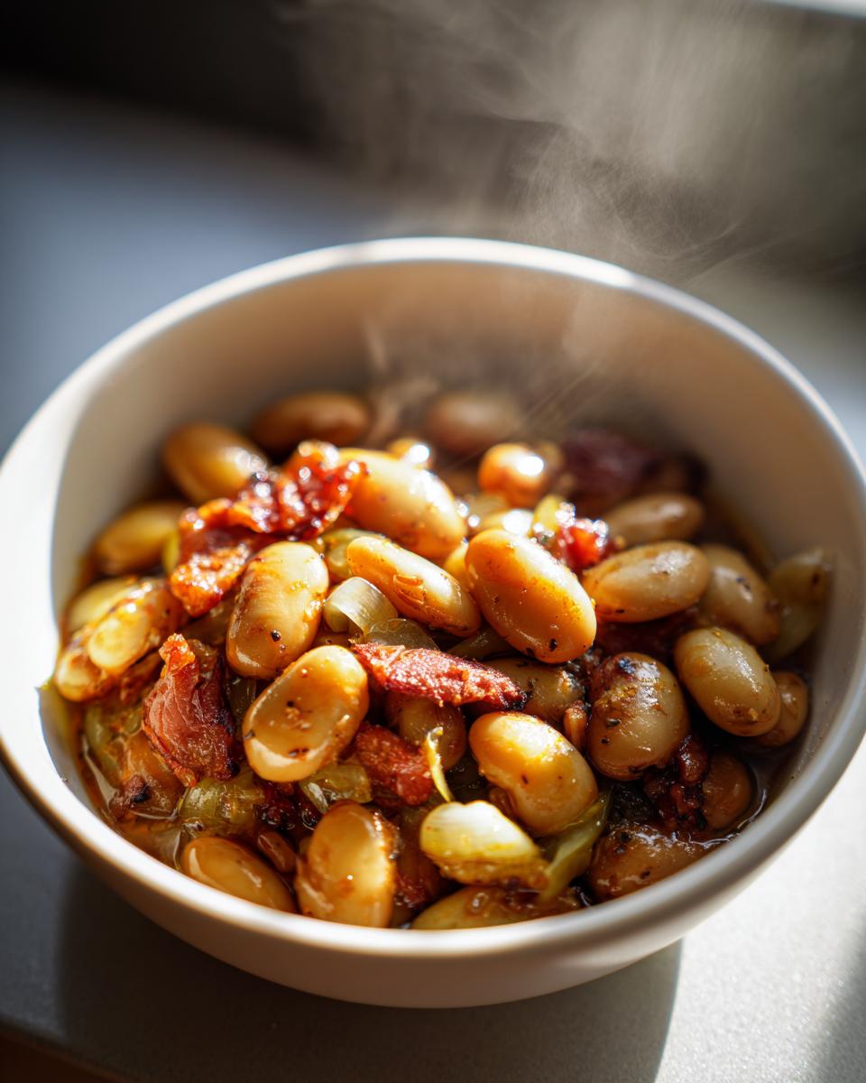 Bol con habas a la catalana calientes con trozos de tocino y cebolla