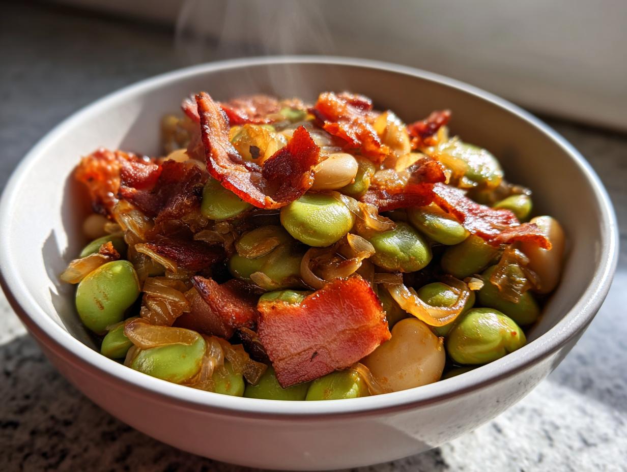 Plato de habas a la catalana con tocino y cebolla caramelizada, plato hondo blanco.
