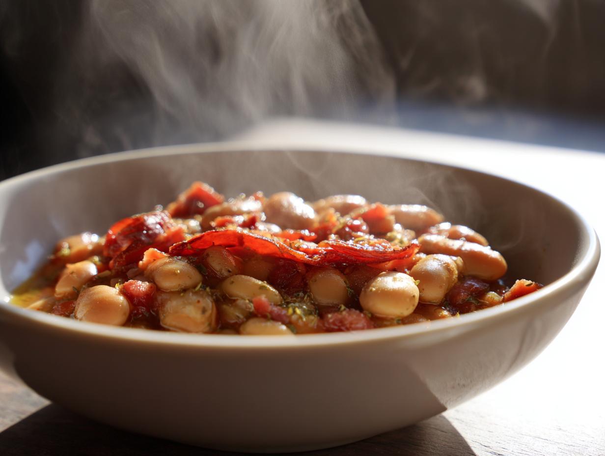 Plato hondo con habas a la catalana calientes y humeantes con trozos de embutido