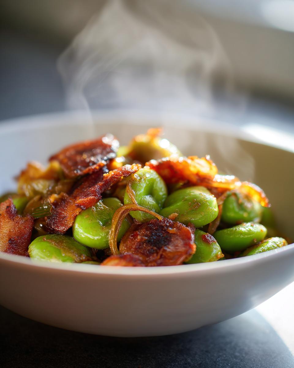 Plato hondo con habas a la catalana, tocino crujiente y cebolla caramelizada con vapor.