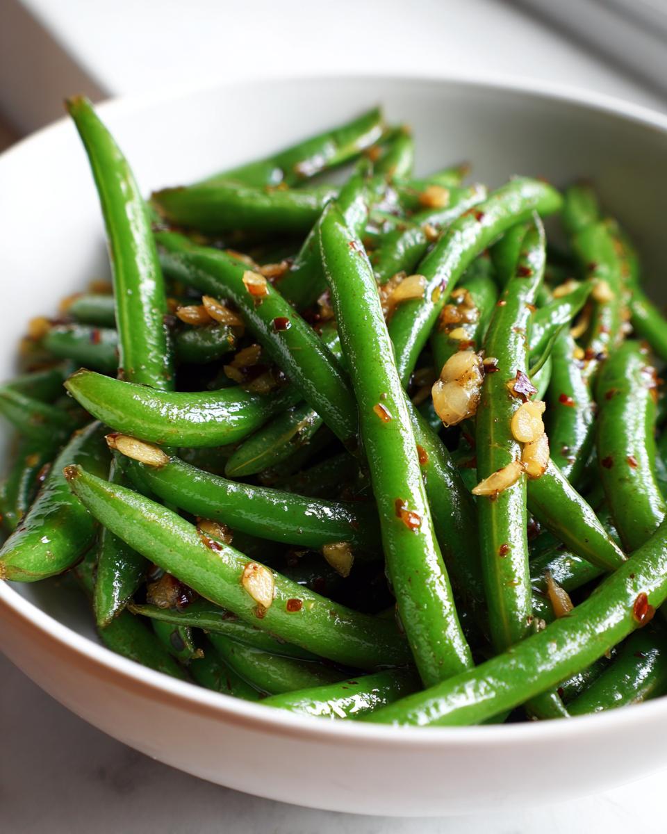 Plato de habas tiernas salteadas con ajo picado y chile en hojuelas