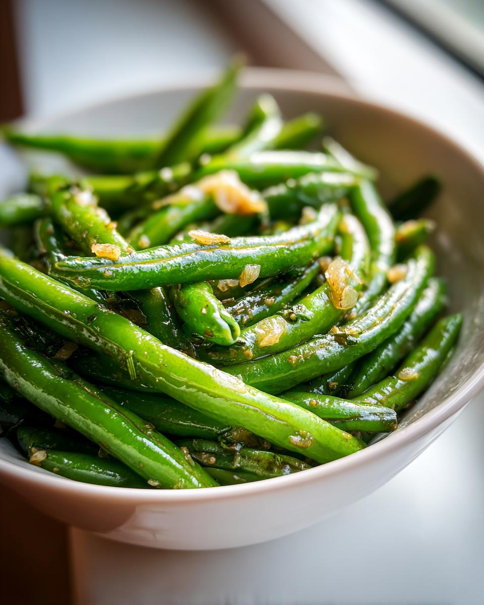 Plato blanco con habas tiernas salteadas con ajo y especias, brillantes y verdes.