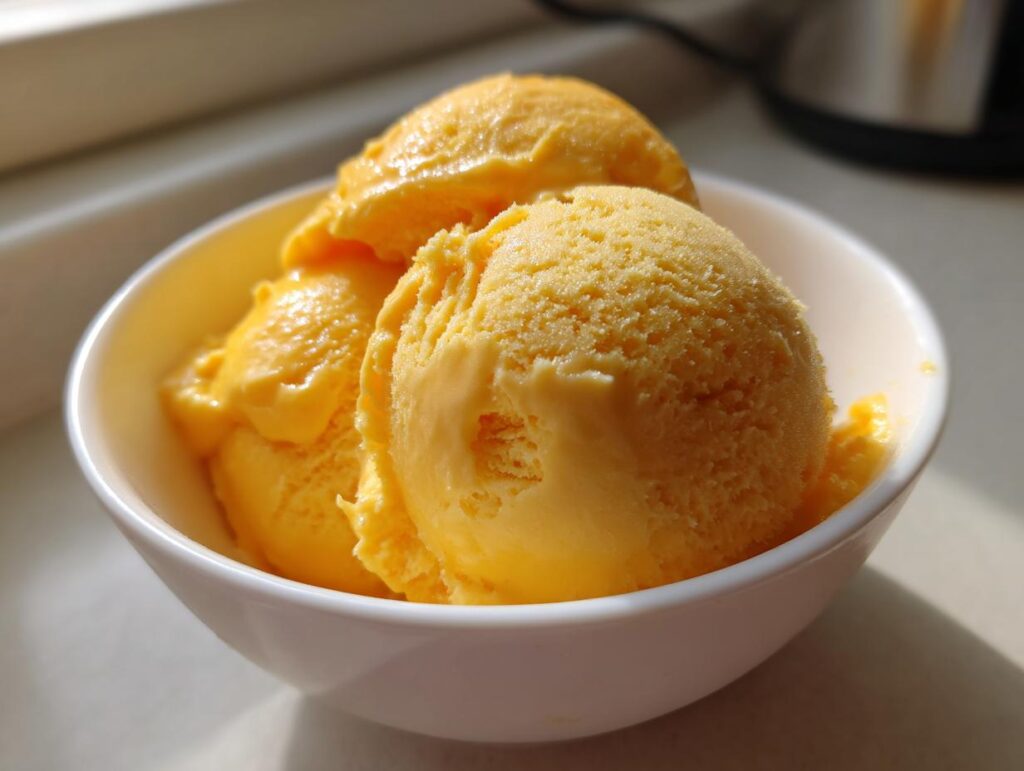 Tres bolas de helado casero de mango en un bol blanco con luz natural
