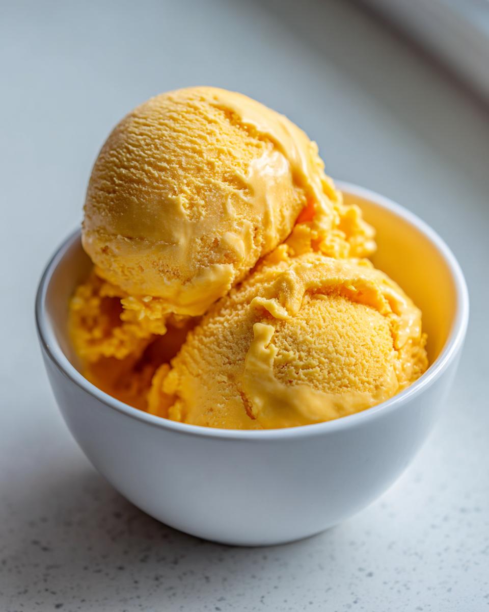 Dos bolas de helado casero de mango en un bol blanco sobre superficie clara