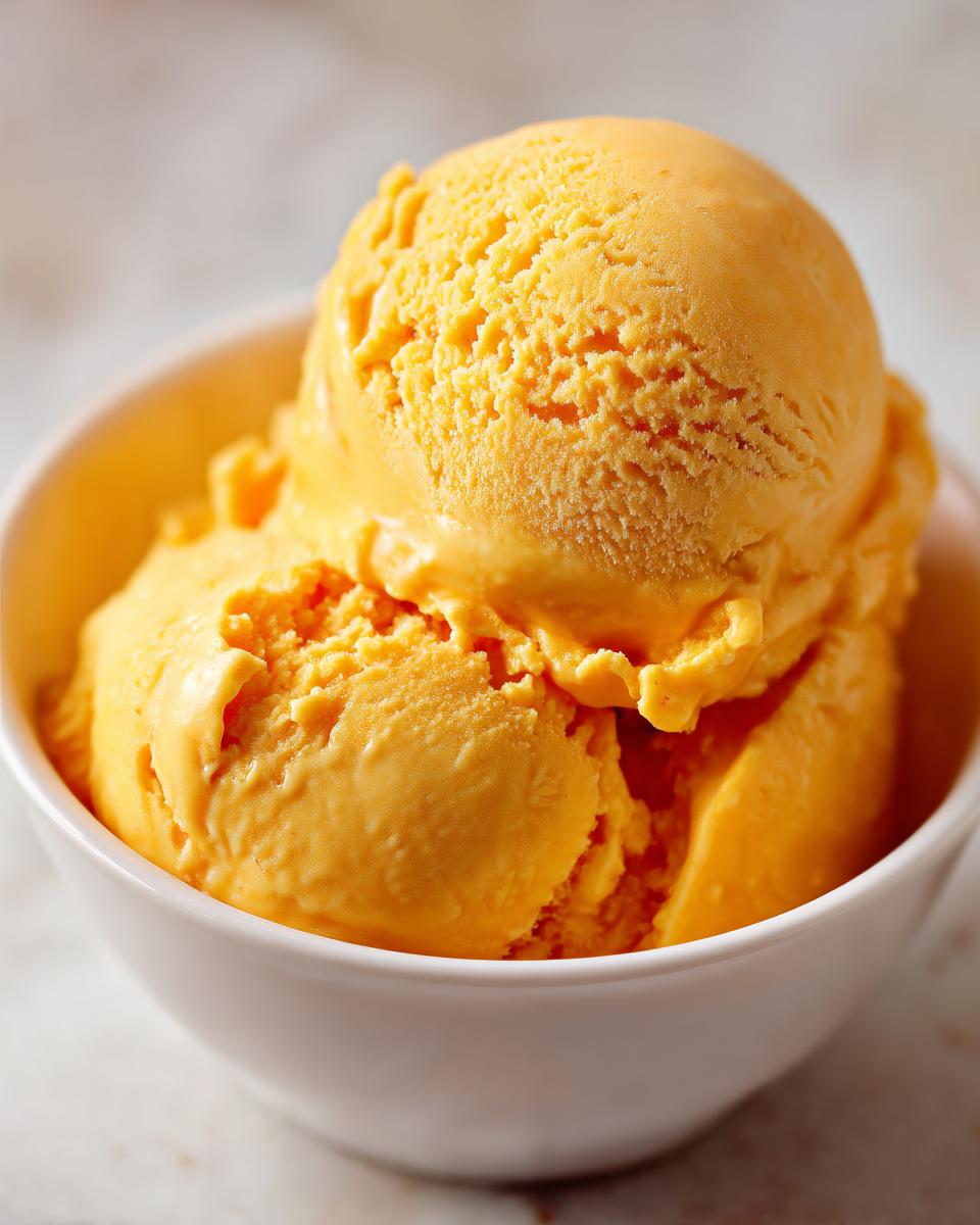 Dos bolas de helado casero de mango en un bol blanco sobre fondo claro