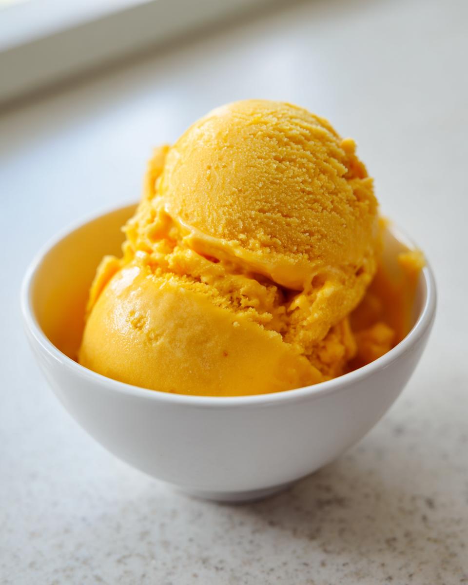 Dos bolas de helado casero de mango servidas en un bol blanco sobre una superficie clara