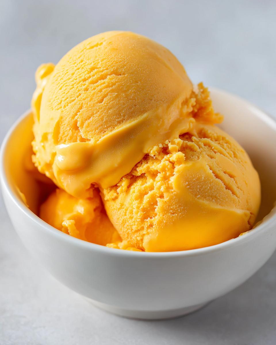 Dos bolas de helado casero de mango en un bol blanco sobre fondo claro.