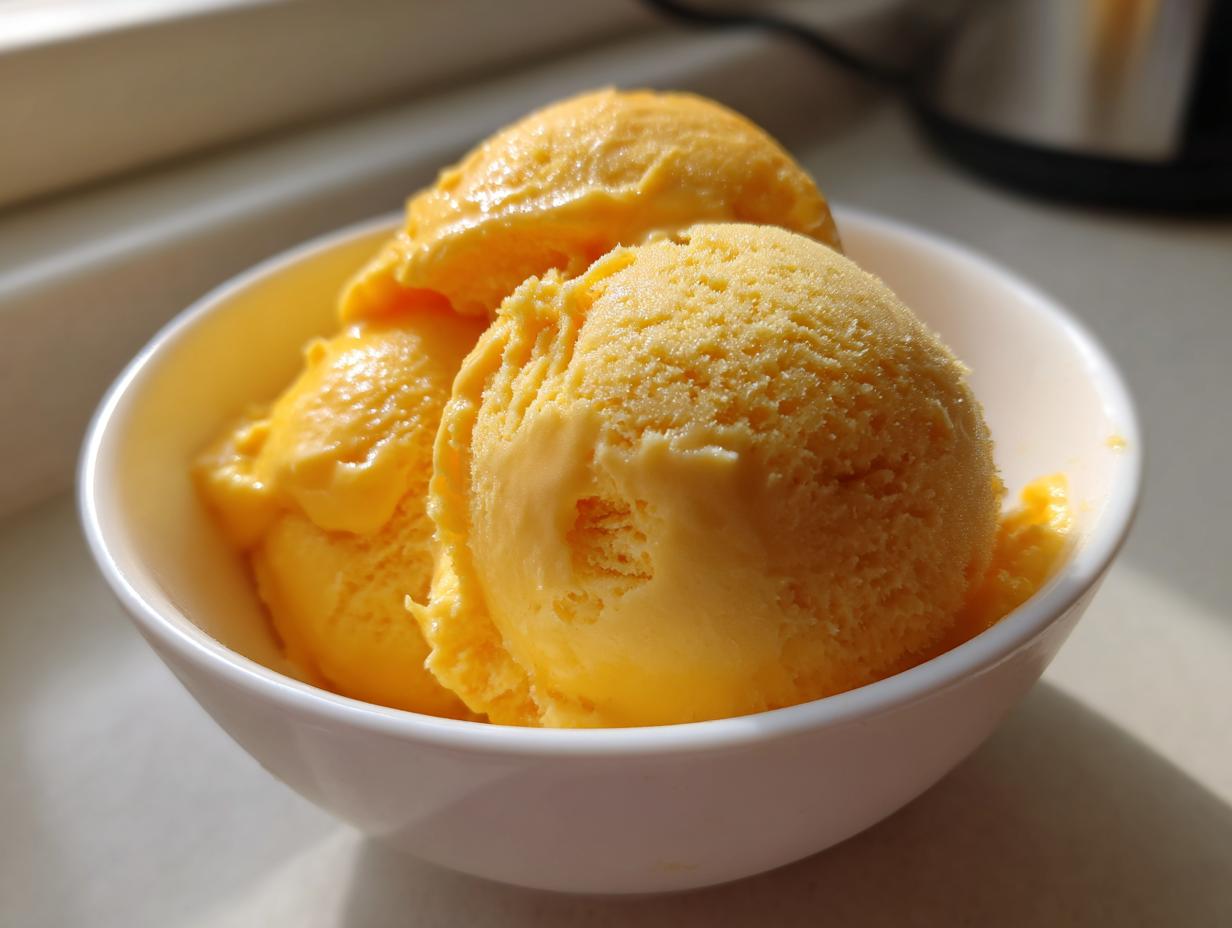 Tres bolas de helado casero de mango en un bol blanco con luz natural