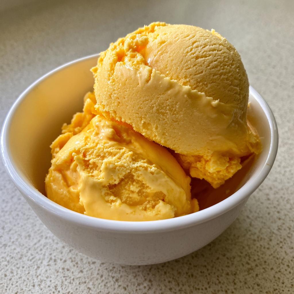 Dos bolas de helado casero de mango en una taza blanca sobre una superficie clara.