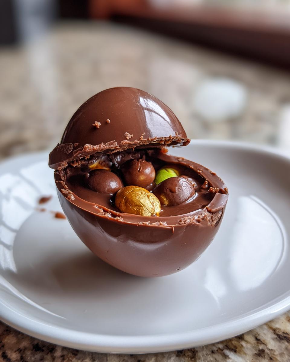 Huevo de chocolate para romper abierto con bombones de colores en su interior sobre un plato blanco