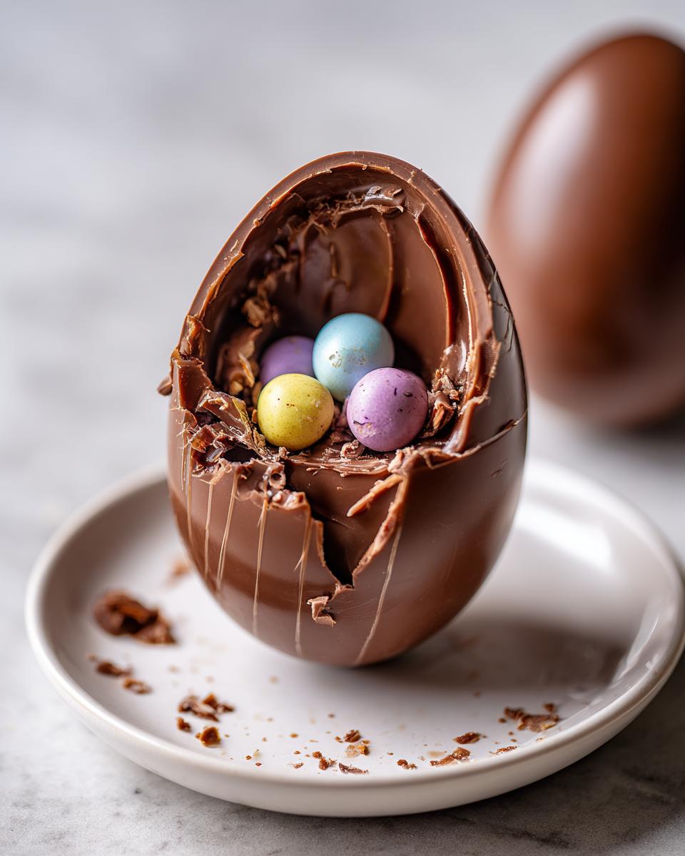 Huevo de chocolate para romper parcialmente roto con caramelos de colores dentro sobre plato blanco.