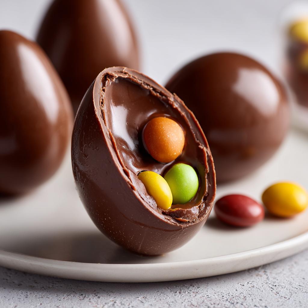 Huevos de chocolate para romper rellenos de caramelos de colores sobre plato blanco