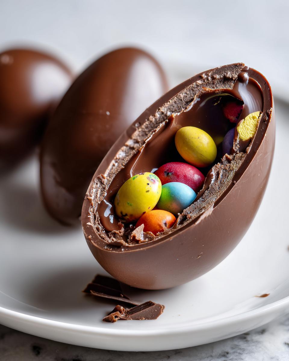 Huevo de chocolate para romper relleno de dulces de colores en plato blanco