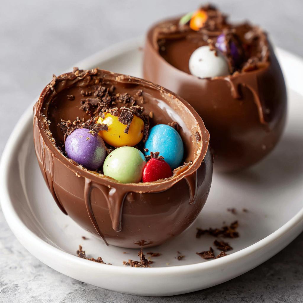 Huevos de chocolate para romper rellenos con dulces de colores en un plato blanco.