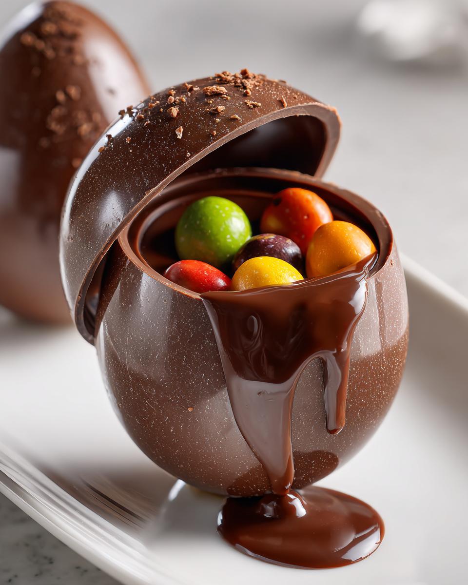 Huevo de chocolate para romper abierto con caramelos de colores y chocolate derretido