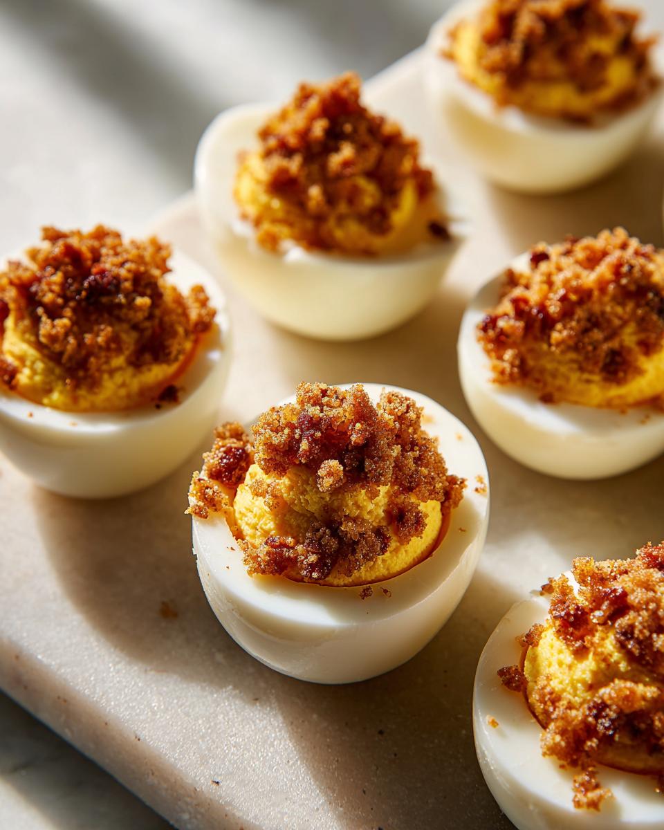 Huevos rellenos de masa de galleta con crumble dorado sobre tabla clara