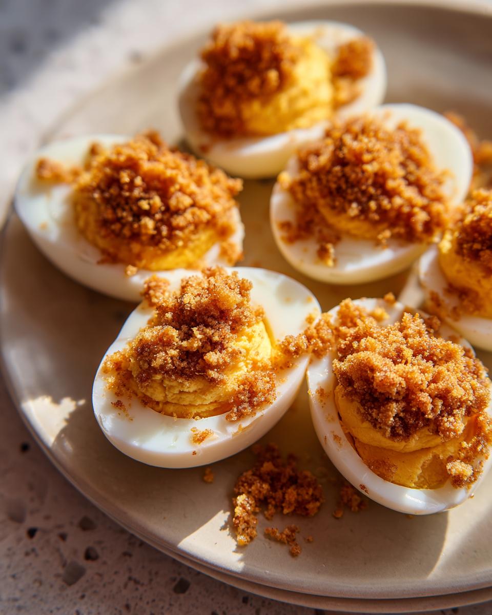 Huevos rellenos de masa de galleta con migajas crujientes servidos en un plato beige