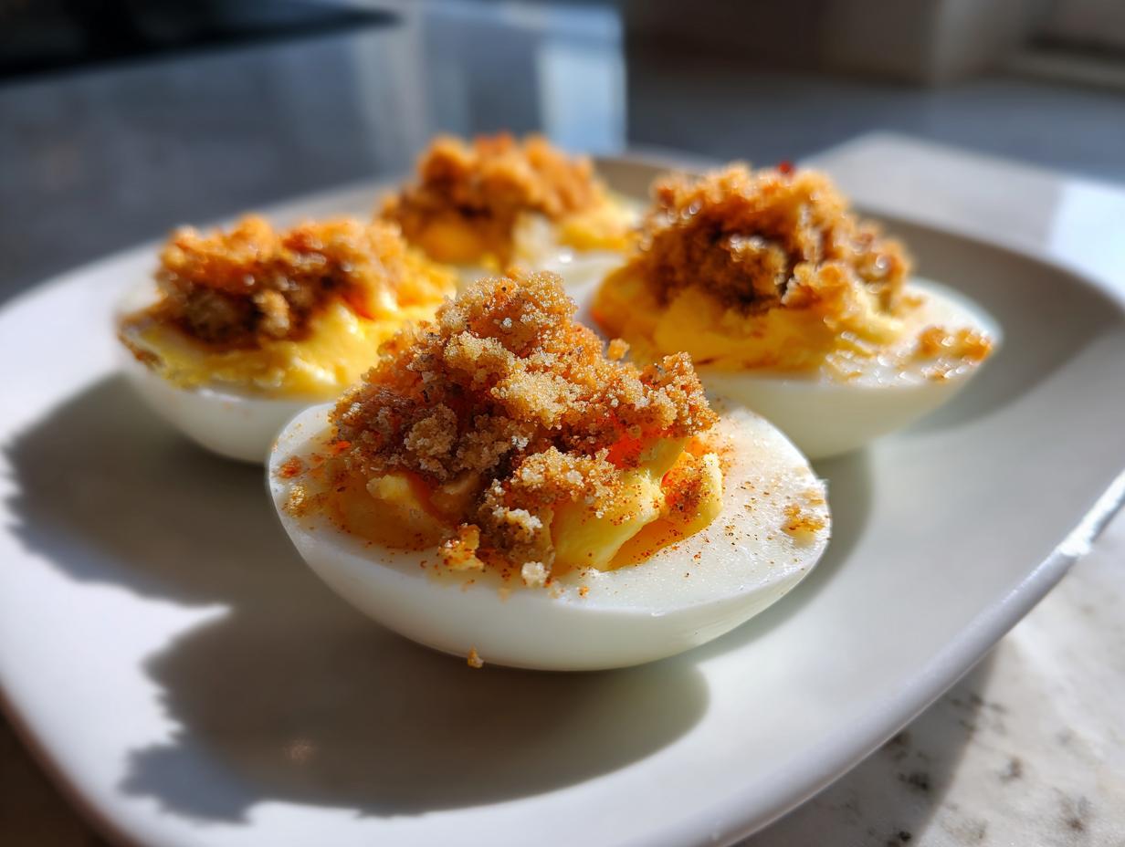 Cuatro huevos rellenos de masa de galleta con especias sobre plato blanco