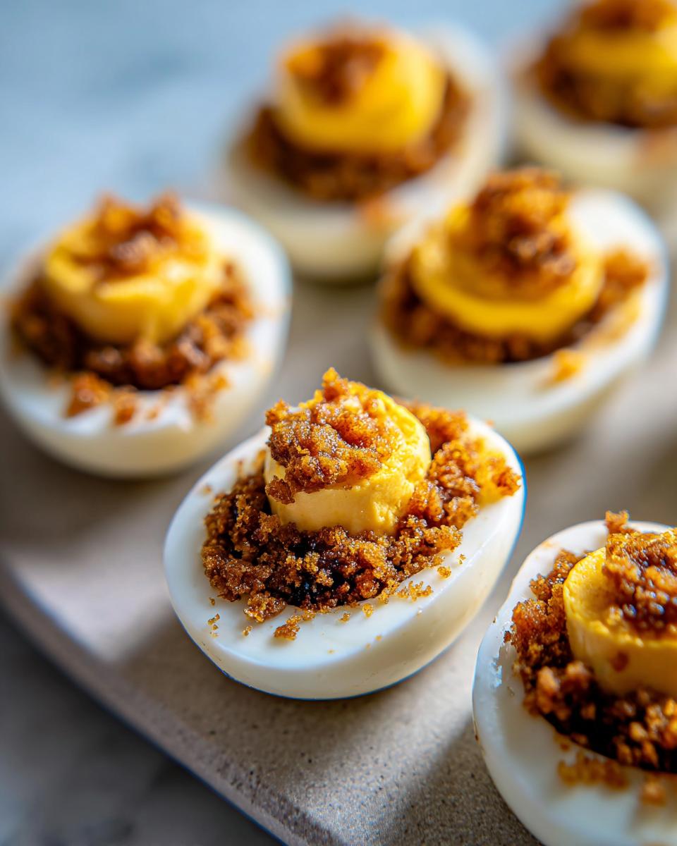 Huevos rellenos de masa de galleta con textura crujiente servidos en una tabla.